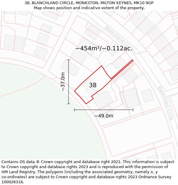 38, BLANCHLAND CIRCLE, MONKSTON, MILTON KEYNES, MK10 9GP: Plot and title map