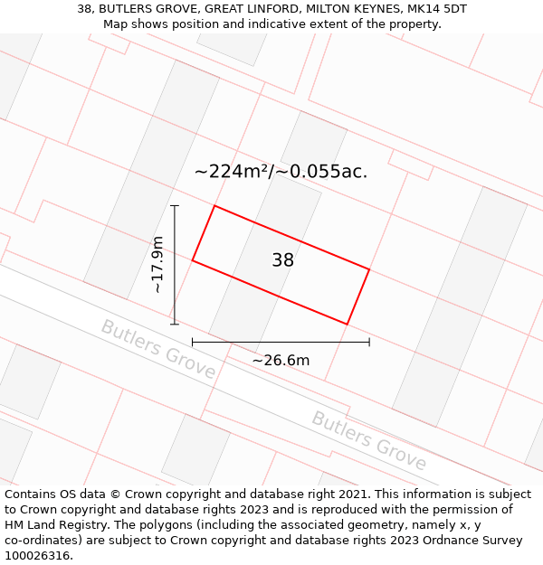 38, BUTLERS GROVE, GREAT LINFORD, MILTON KEYNES, MK14 5DT: Plot and title map