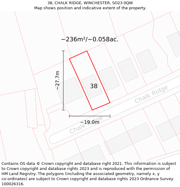 38, CHALK RIDGE, WINCHESTER, SO23 0QW: Plot and title map