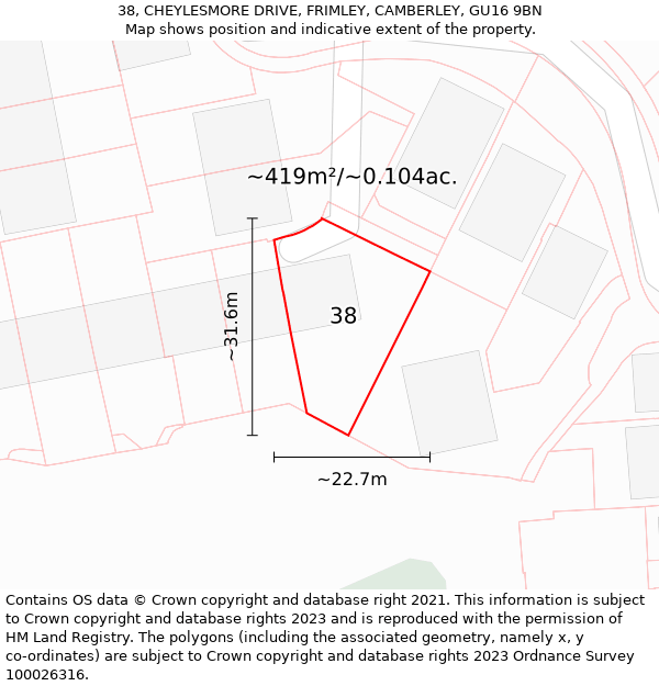 38, CHEYLESMORE DRIVE, FRIMLEY, CAMBERLEY, GU16 9BN: Plot and title map