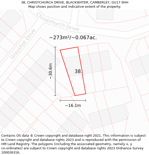 38, CHRISTCHURCH DRIVE, BLACKWATER, CAMBERLEY, GU17 0HH: Plot and title map