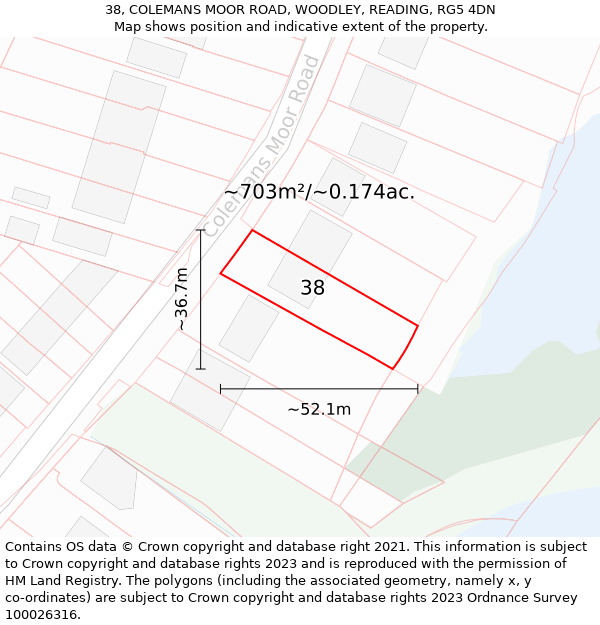 38, COLEMANS MOOR ROAD, WOODLEY, READING, RG5 4DN: Plot and title map