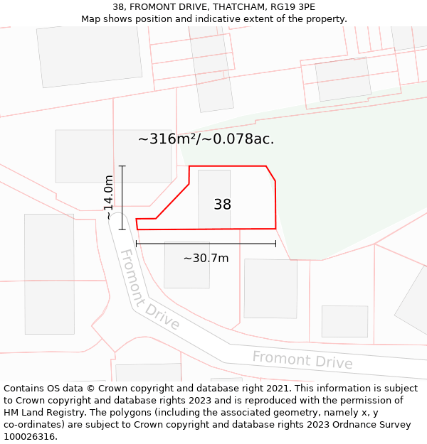 38, FROMONT DRIVE, THATCHAM, RG19 3PE: Plot and title map