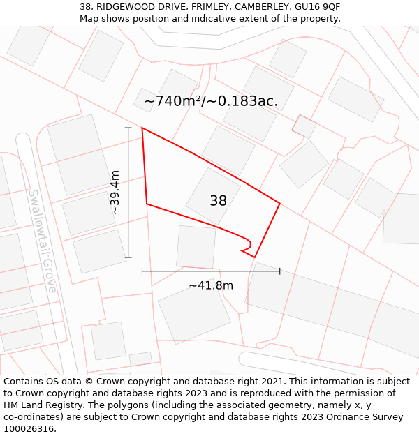 38, RIDGEWOOD DRIVE, FRIMLEY, CAMBERLEY, GU16 9QF: Plot and title map