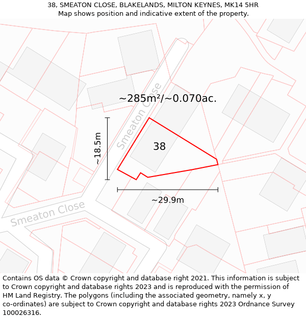 38, SMEATON CLOSE, BLAKELANDS, MILTON KEYNES, MK14 5HR: Plot and title map