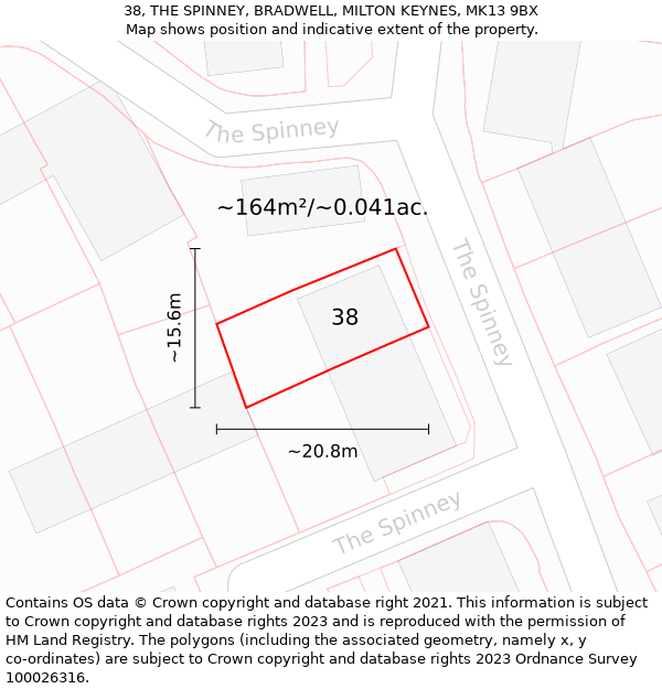 38, THE SPINNEY, BRADWELL, MILTON KEYNES, MK13 9BX: Plot and title map