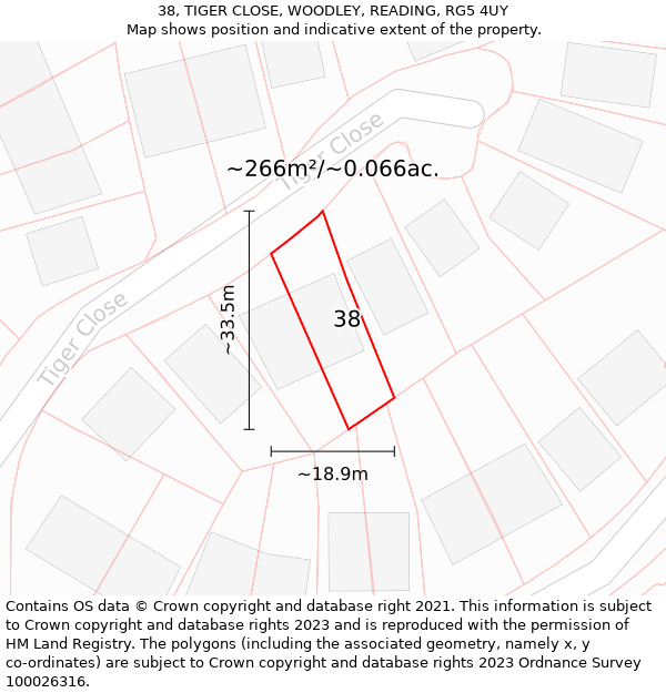 38, TIGER CLOSE, WOODLEY, READING, RG5 4UY: Plot and title map