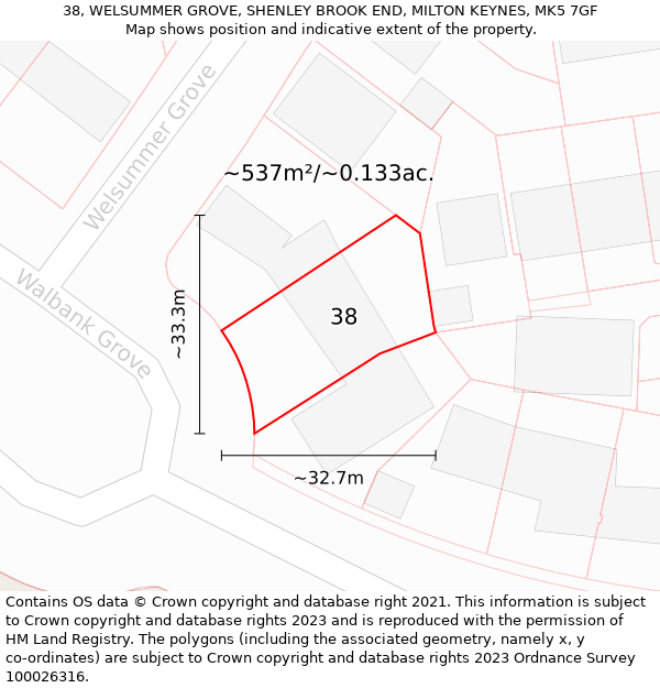 38, WELSUMMER GROVE, SHENLEY BROOK END, MILTON KEYNES, MK5 7GF: Plot and title map