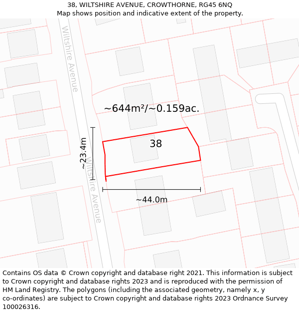 38, WILTSHIRE AVENUE, CROWTHORNE, RG45 6NQ: Plot and title map