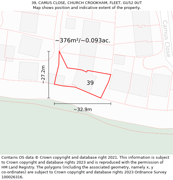 39, CAMUS CLOSE, CHURCH CROOKHAM, FLEET, GU52 0UT: Plot and title map