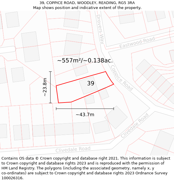 39, COPPICE ROAD, WOODLEY, READING, RG5 3RA: Plot and title map