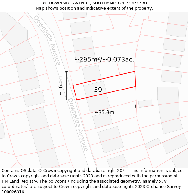 39, DOWNSIDE AVENUE, SOUTHAMPTON, SO19 7BU: Plot and title map