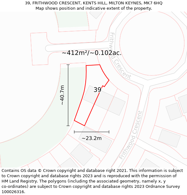 39, FRITHWOOD CRESCENT, KENTS HILL, MILTON KEYNES, MK7 6HQ: Plot and title map