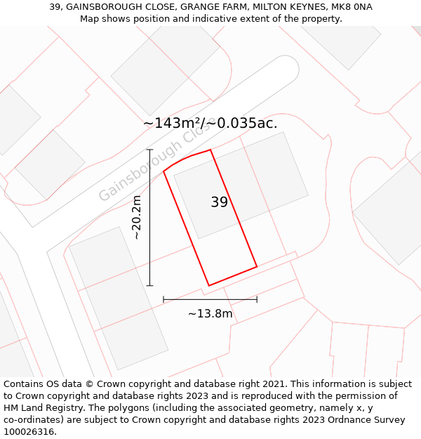 39, GAINSBOROUGH CLOSE, GRANGE FARM, MILTON KEYNES, MK8 0NA: Plot and title map