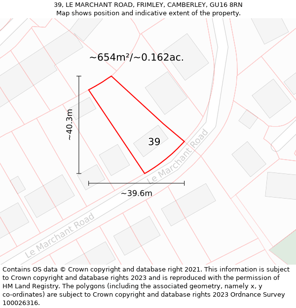 39, LE MARCHANT ROAD, FRIMLEY, CAMBERLEY, GU16 8RN: Plot and title map