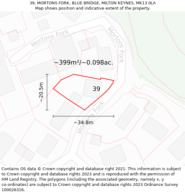 39, MORTONS FORK, BLUE BRIDGE, MILTON KEYNES, MK13 0LA: Plot and title map