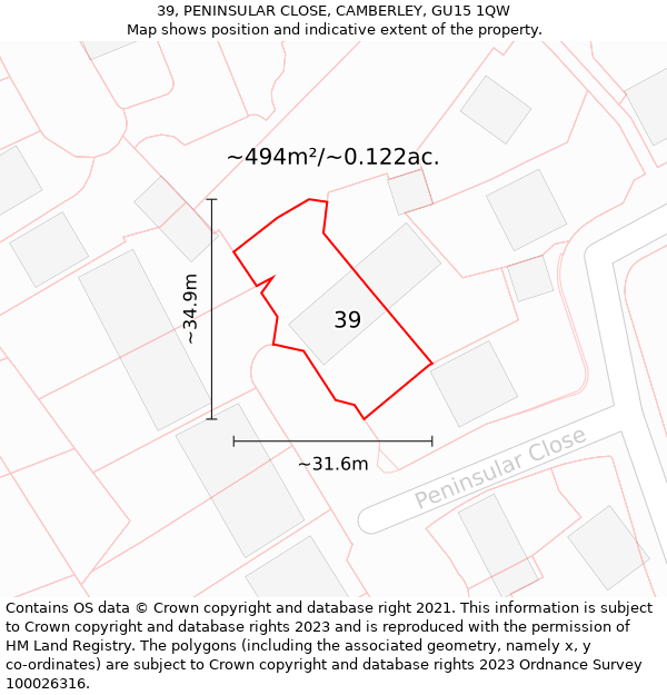 39, PENINSULAR CLOSE, CAMBERLEY, GU15 1QW: Plot and title map