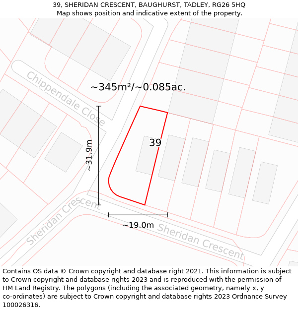 39, SHERIDAN CRESCENT, BAUGHURST, TADLEY, RG26 5HQ: Plot and title map