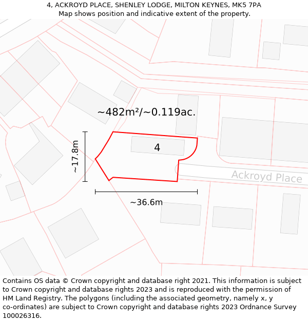 4, ACKROYD PLACE, SHENLEY LODGE, MILTON KEYNES, MK5 7PA: Plot and title map