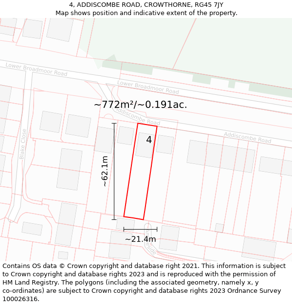 4, ADDISCOMBE ROAD, CROWTHORNE, RG45 7JY: Plot and title map