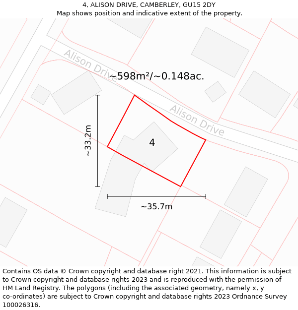 4, ALISON DRIVE, CAMBERLEY, GU15 2DY: Plot and title map