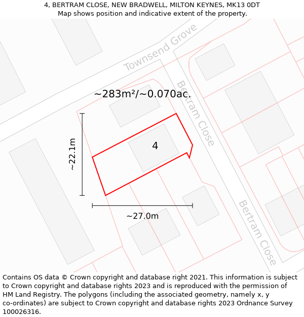 4, BERTRAM CLOSE, NEW BRADWELL, MILTON KEYNES, MK13 0DT: Plot and title map