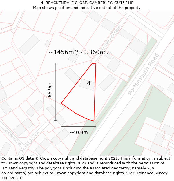 4, BRACKENDALE CLOSE, CAMBERLEY, GU15 1HP: Plot and title map