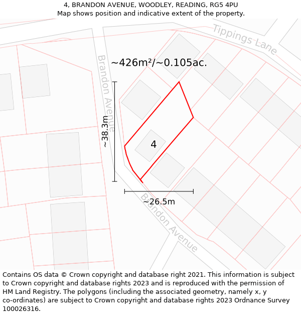 4, BRANDON AVENUE, WOODLEY, READING, RG5 4PU: Plot and title map