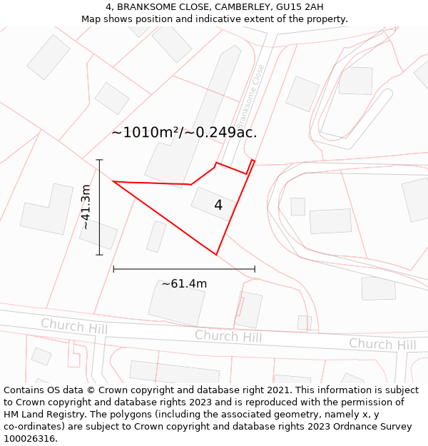 4, BRANKSOME CLOSE, CAMBERLEY, GU15 2AH: Plot and title map