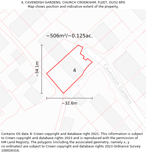4, CAVENDISH GARDENS, CHURCH CROOKHAM, FLEET, GU52 6PD: Plot and title map