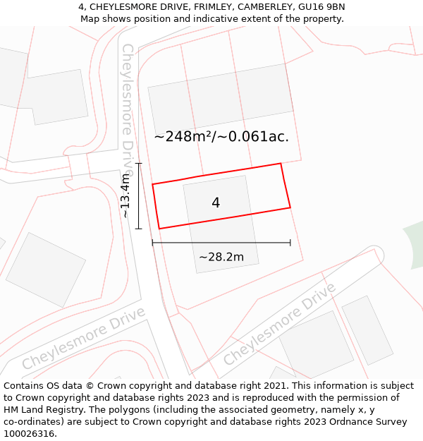 4, CHEYLESMORE DRIVE, FRIMLEY, CAMBERLEY, GU16 9BN: Plot and title map