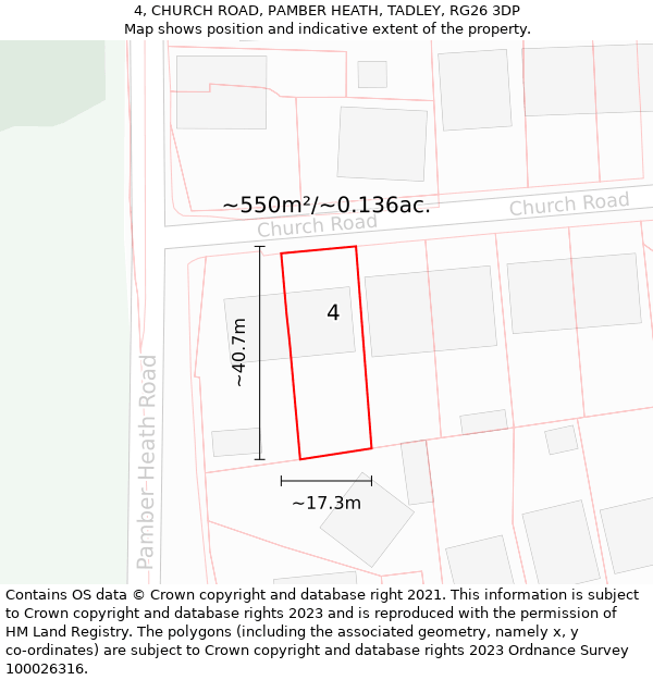 4, CHURCH ROAD, PAMBER HEATH, TADLEY, RG26 3DP: Plot and title map