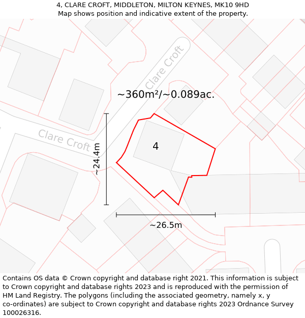 4, CLARE CROFT, MIDDLETON, MILTON KEYNES, MK10 9HD: Plot and title map