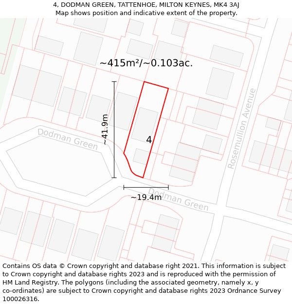 4, DODMAN GREEN, TATTENHOE, MILTON KEYNES, MK4 3AJ: Plot and title map