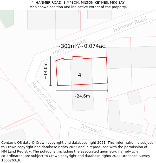 4, HANMER ROAD, SIMPSON, MILTON KEYNES, MK6 3AY: Plot and title map