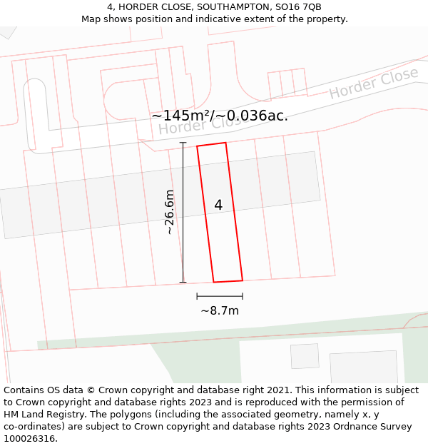 4, HORDER CLOSE, SOUTHAMPTON, SO16 7QB: Plot and title map