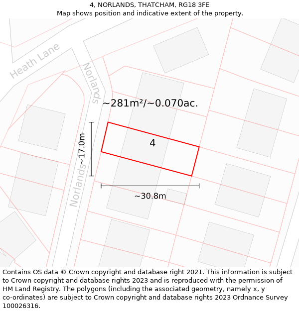 4, NORLANDS, THATCHAM, RG18 3FE: Plot and title map