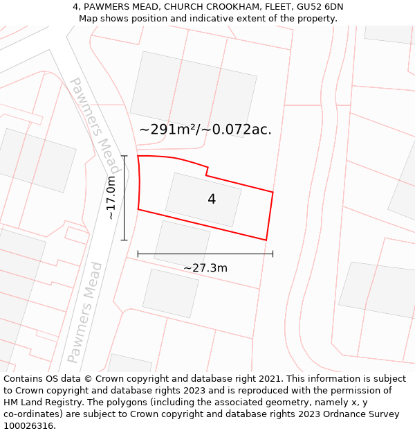 4, PAWMERS MEAD, CHURCH CROOKHAM, FLEET, GU52 6DN: Plot and title map