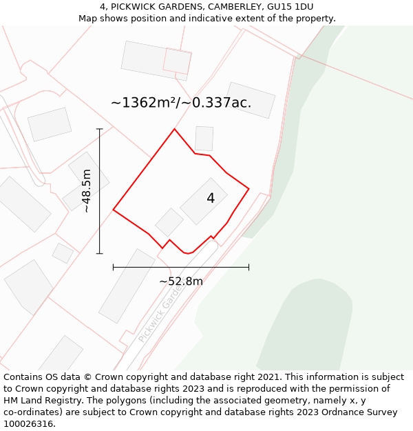 4, PICKWICK GARDENS, CAMBERLEY, GU15 1DU: Plot and title map