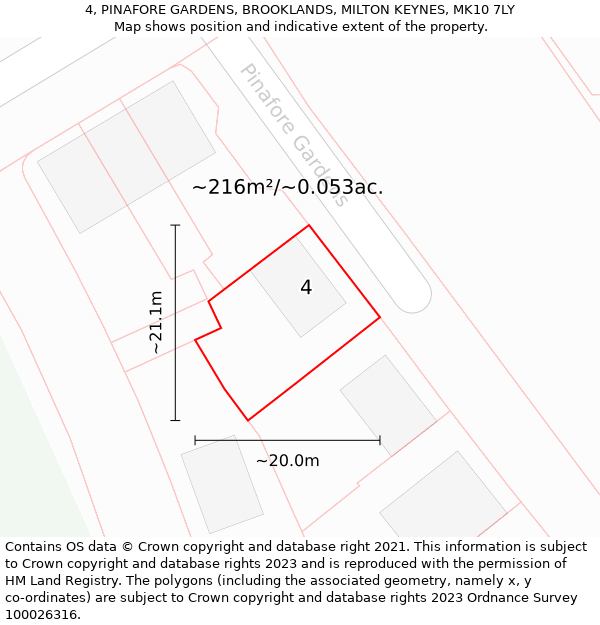 4, PINAFORE GARDENS, BROOKLANDS, MILTON KEYNES, MK10 7LY: Plot and title map
