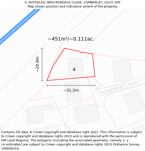 4, RAYFIELDS, BRACKENDALE CLOSE, CAMBERLEY, GU15 1HP: Plot and title map