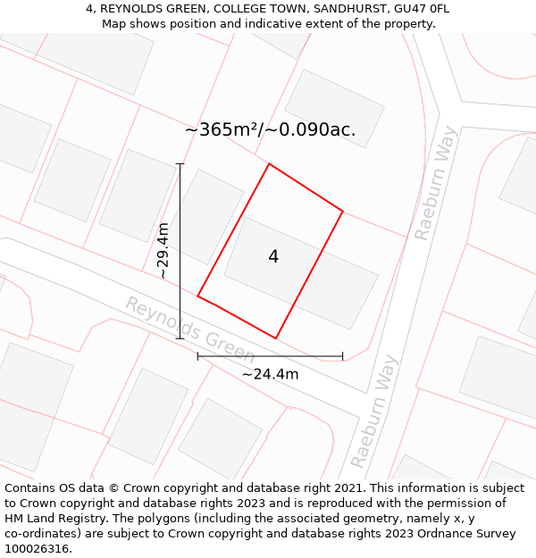 4, REYNOLDS GREEN, COLLEGE TOWN, SANDHURST, GU47 0FL: Plot and title map