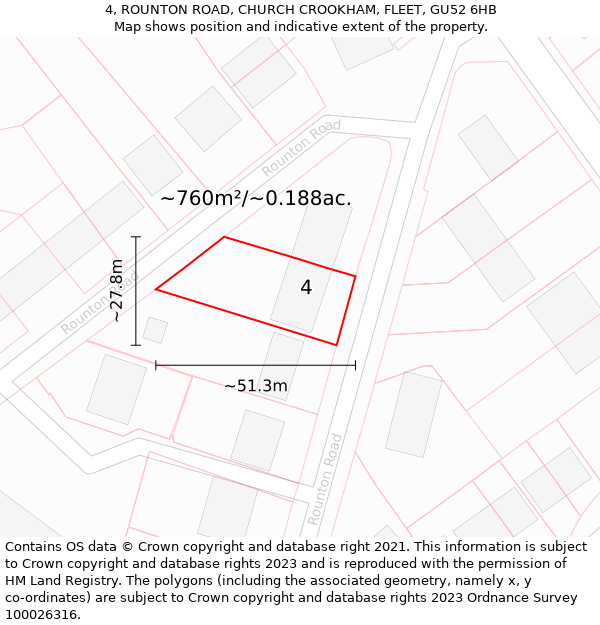 4, ROUNTON ROAD, CHURCH CROOKHAM, FLEET, GU52 6HB: Plot and title map