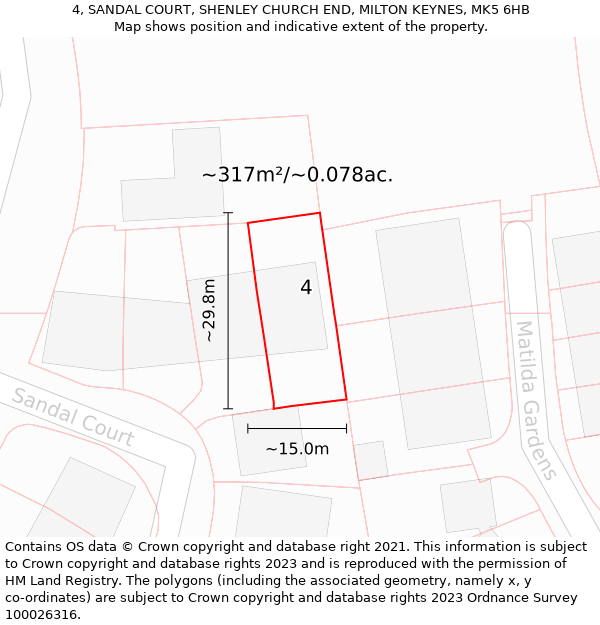 4, SANDAL COURT, SHENLEY CHURCH END, MILTON KEYNES, MK5 6HB: Plot and title map