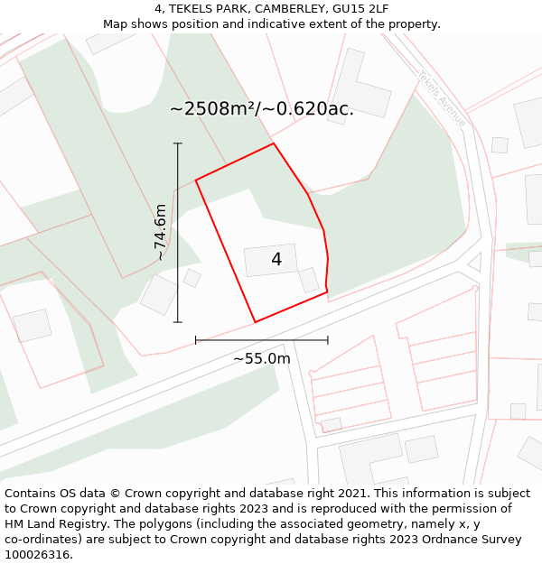 4, TEKELS PARK, CAMBERLEY, GU15 2LF: Plot and title map