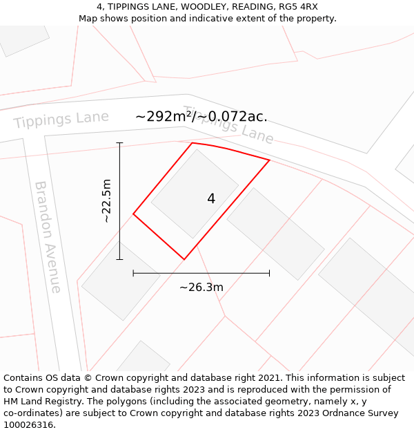 4, TIPPINGS LANE, WOODLEY, READING, RG5 4RX: Plot and title map