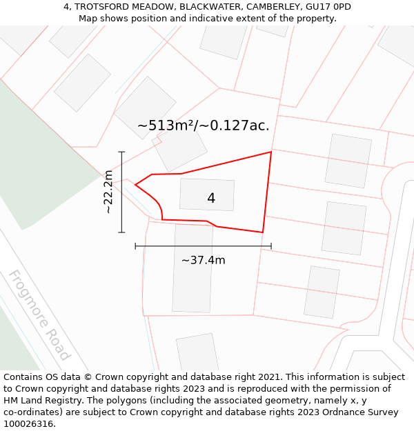 4, TROTSFORD MEADOW, BLACKWATER, CAMBERLEY, GU17 0PD: Plot and title map