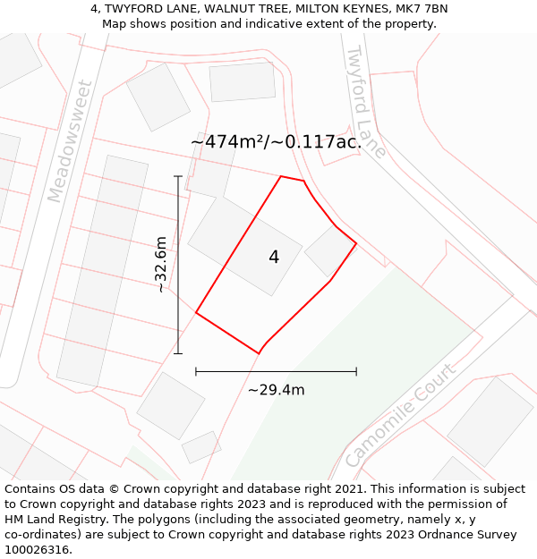 4, TWYFORD LANE, WALNUT TREE, MILTON KEYNES, MK7 7BN: Plot and title map