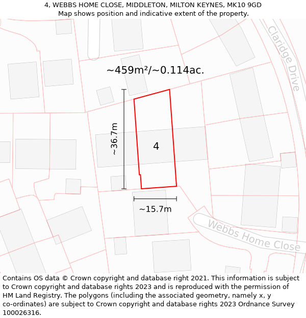 4, WEBBS HOME CLOSE, MIDDLETON, MILTON KEYNES, MK10 9GD: Plot and title map