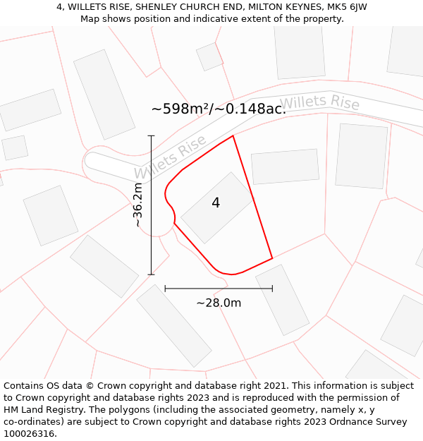 4, WILLETS RISE, SHENLEY CHURCH END, MILTON KEYNES, MK5 6JW: Plot and title map